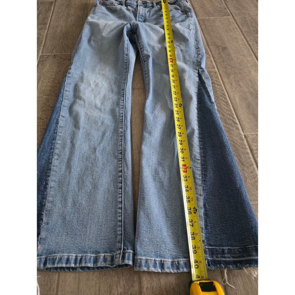 GAP 70s Flare High Rise Patched Two Tone Jeans Light Wash Raw Hem 32 14R Womens - Picture 4 of 11